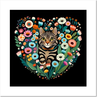 Tabby Cat in Heart Shaped Flowers Posters and Art